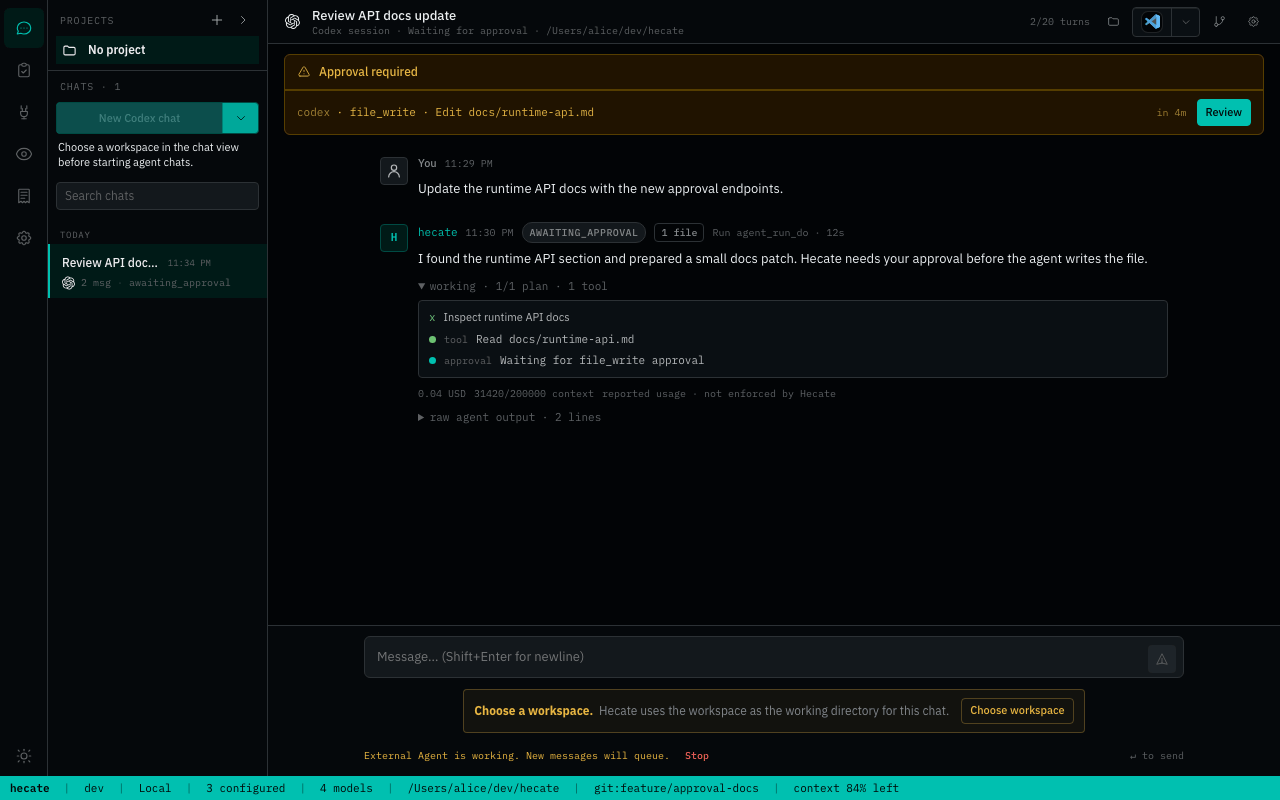 Hecate chat screen with an approval required before a file write